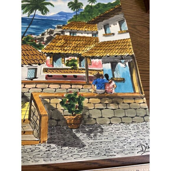 Original Signed 1992 Diaz Watercolor: Seaside Resort Mexico Central America Love - Picture 5 of 13